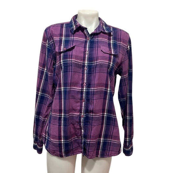Kuhl women’s purple plaid cotton button down top size Large - Picture 1 of 10